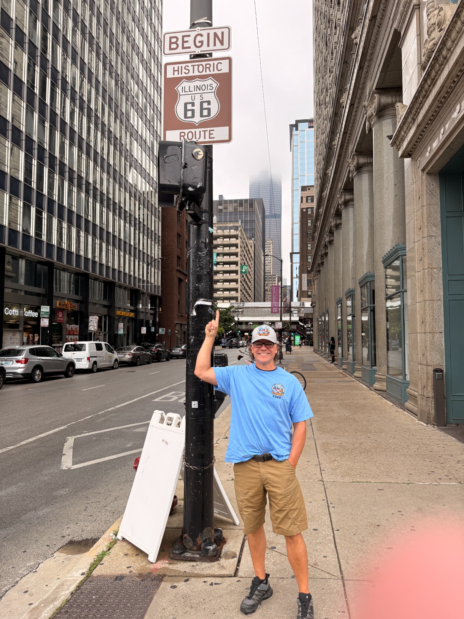 At the historic Route 66 Begin sign in Chicago