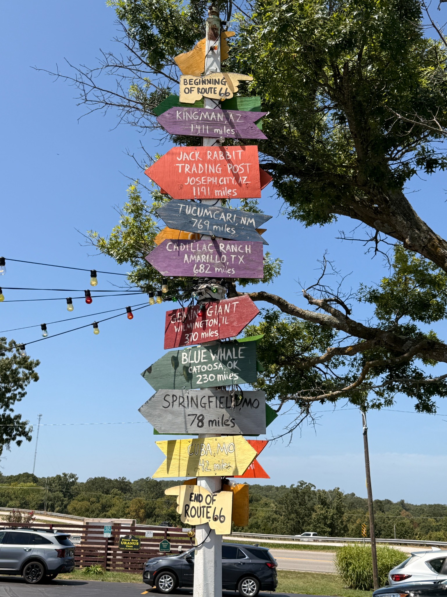 A Route 66 landmark signpost at the Uranus Fudge Factory