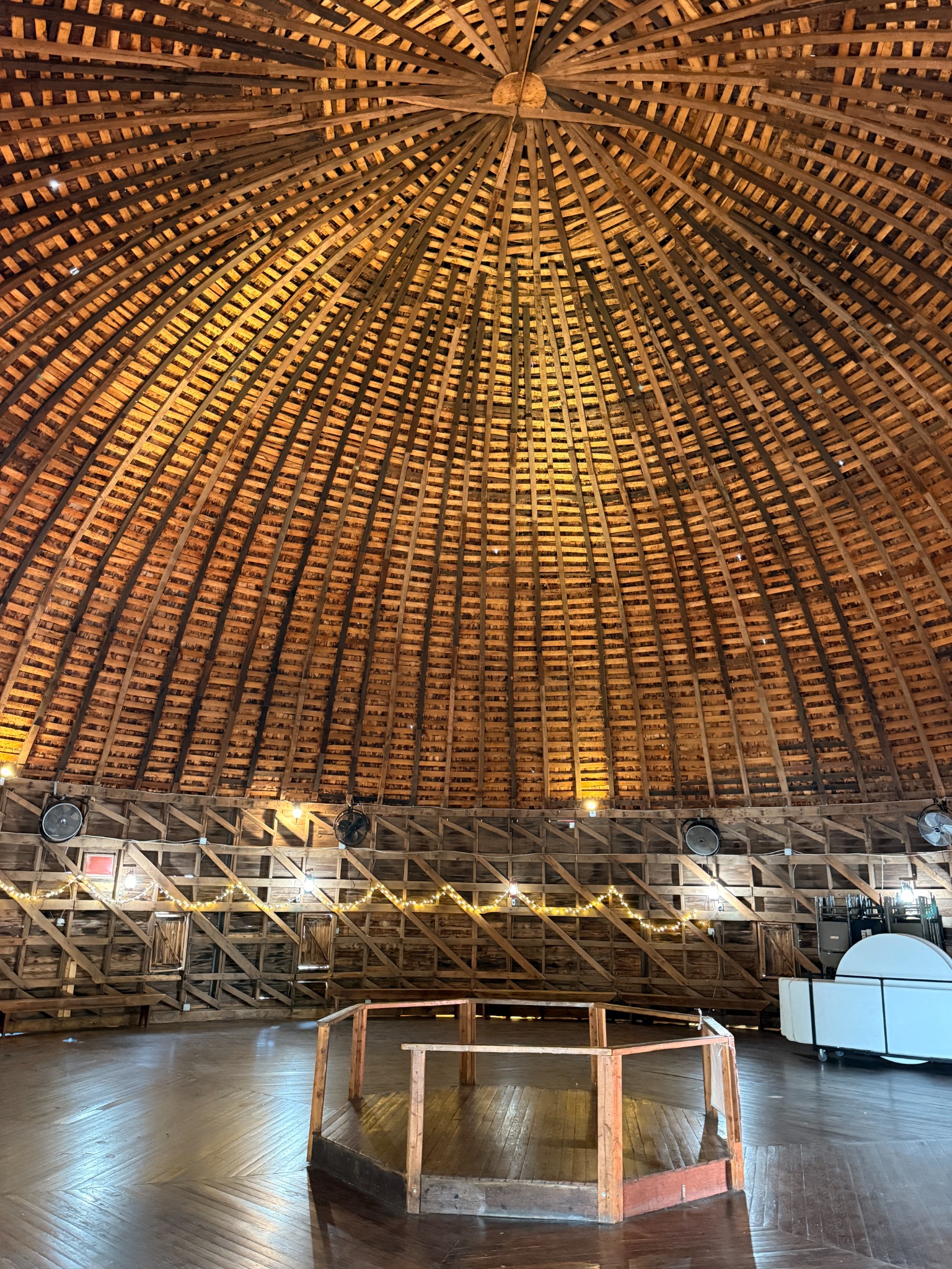 The remarkable interior roof structure of the Round Barn.