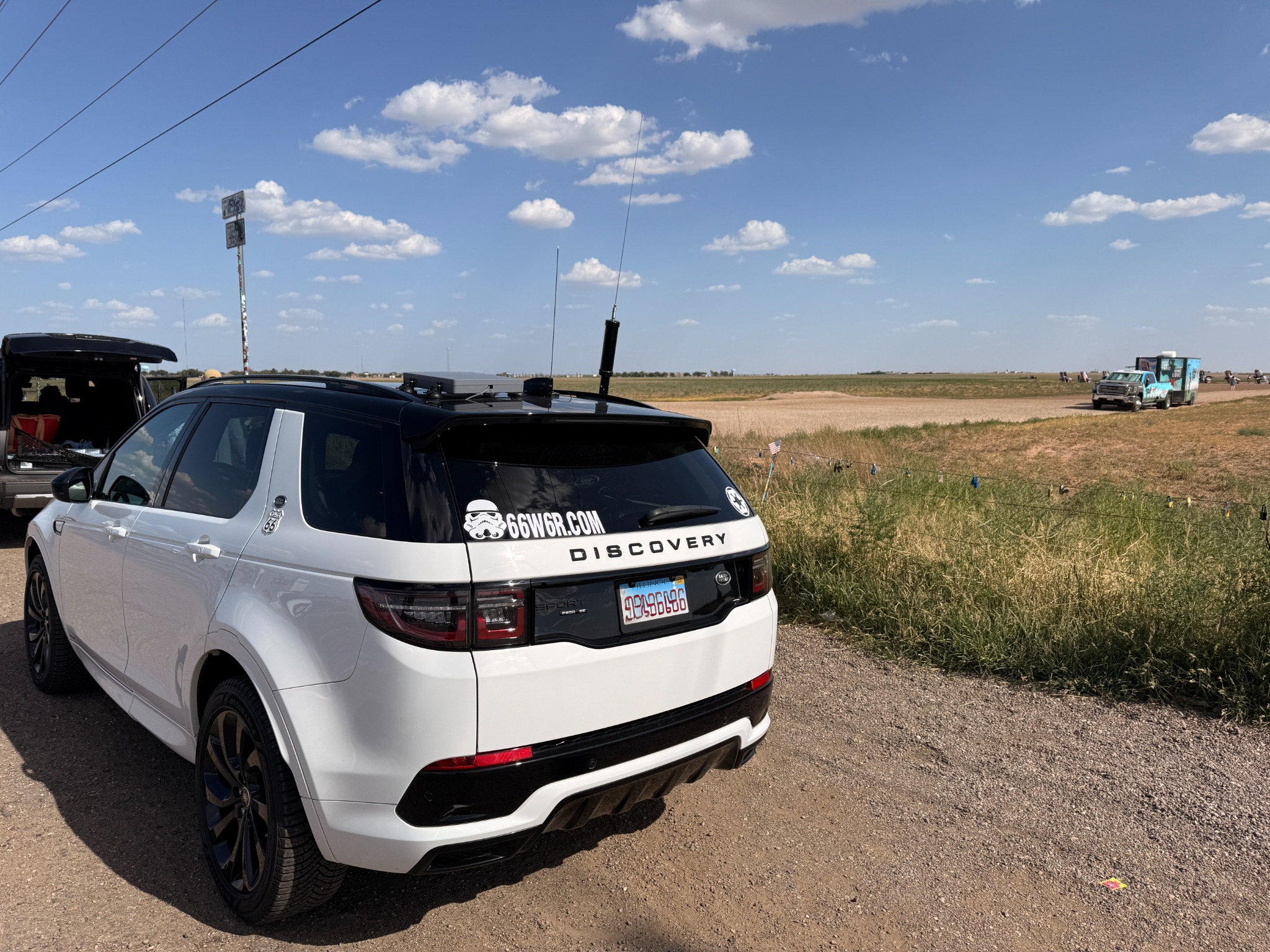 The expedition car arriving at Cadillac Ranch.