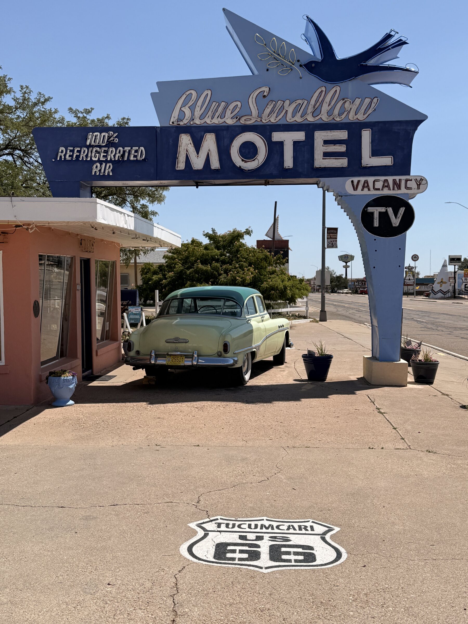 The restored Blue Swallow Motel and its famous neon sign.