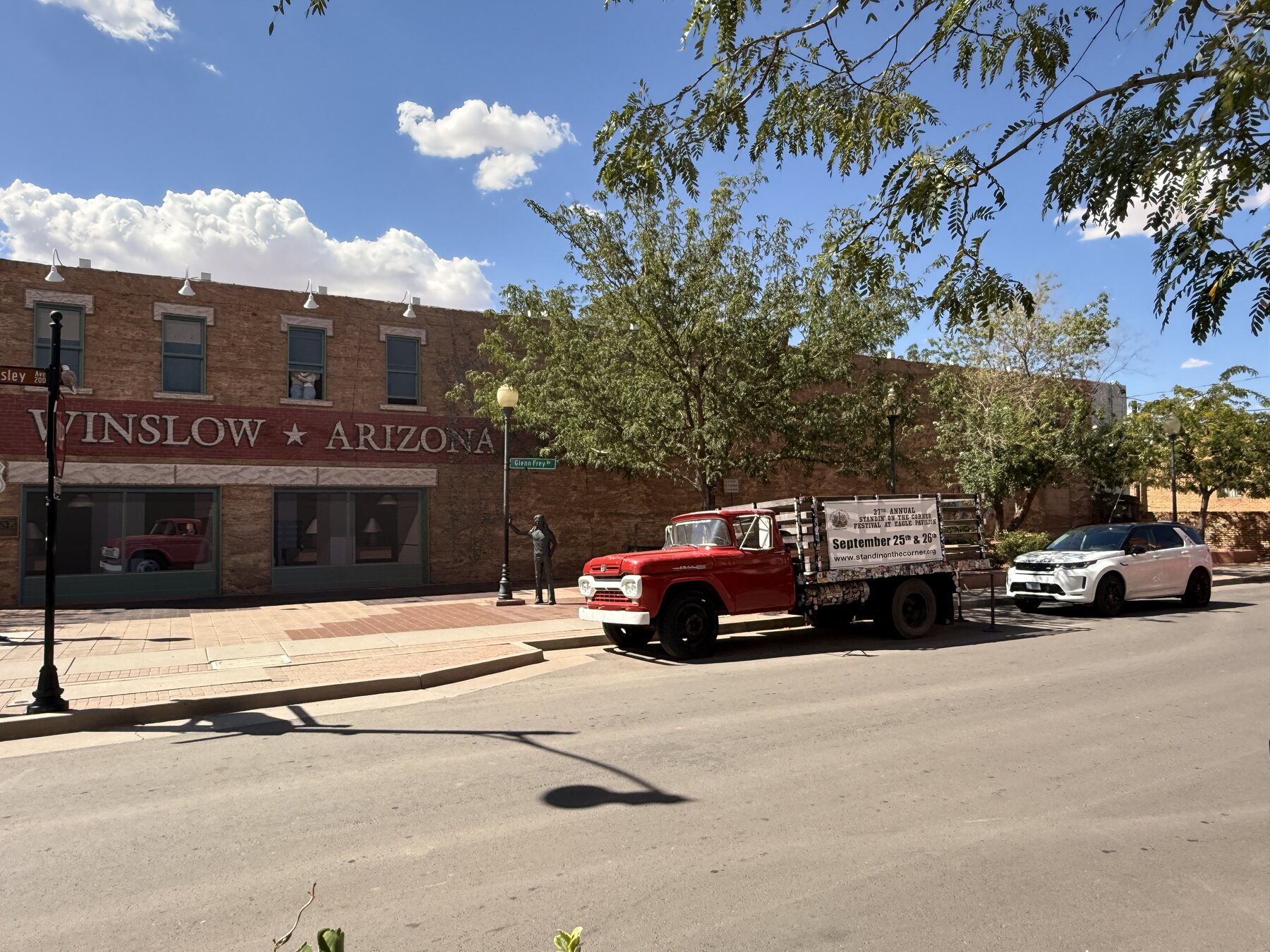 The famous corner in Winslow, complete with a red flatbed Ford.