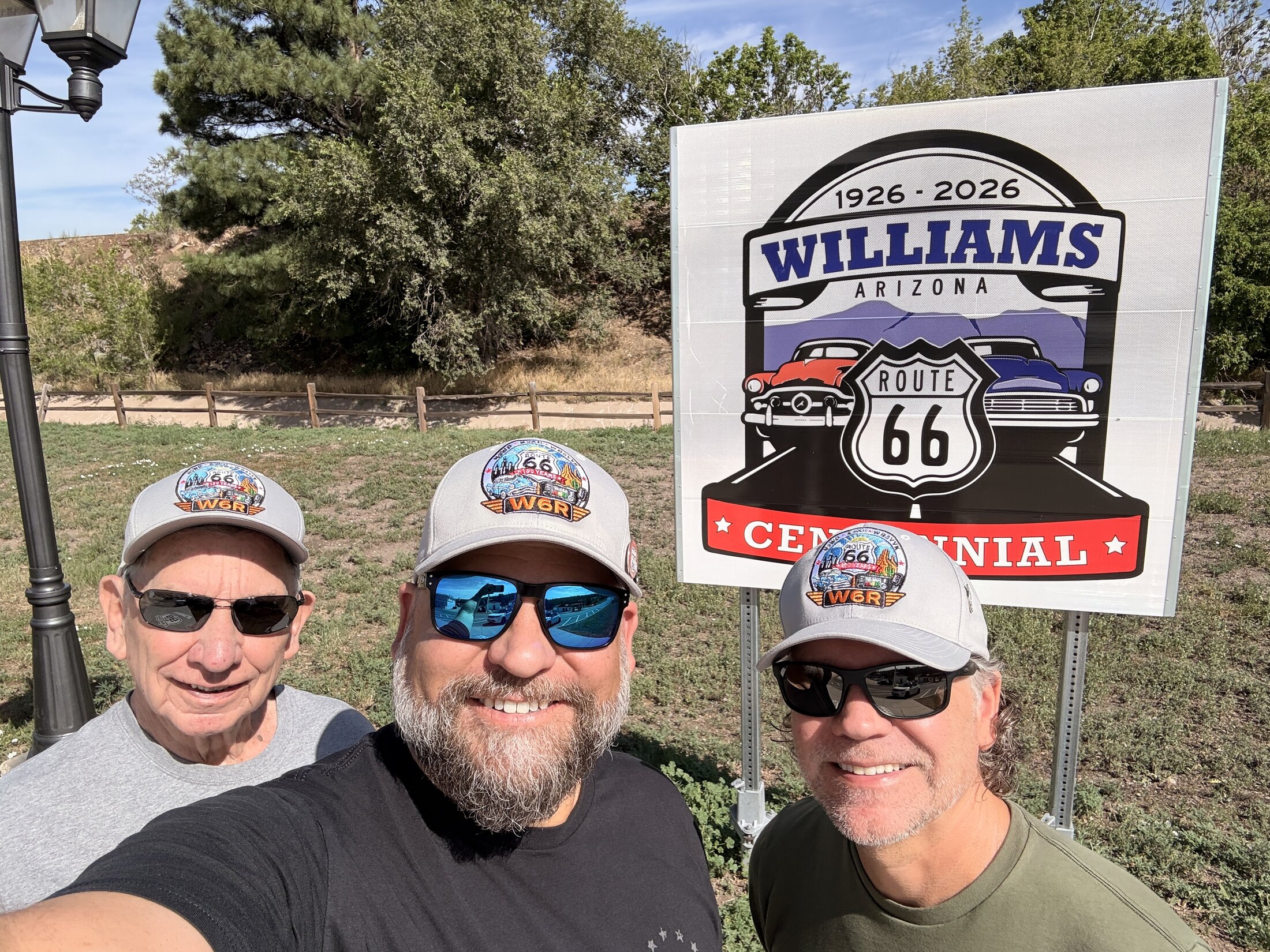 The W6R crew together at Williams’ Route 66 Centennial sign.