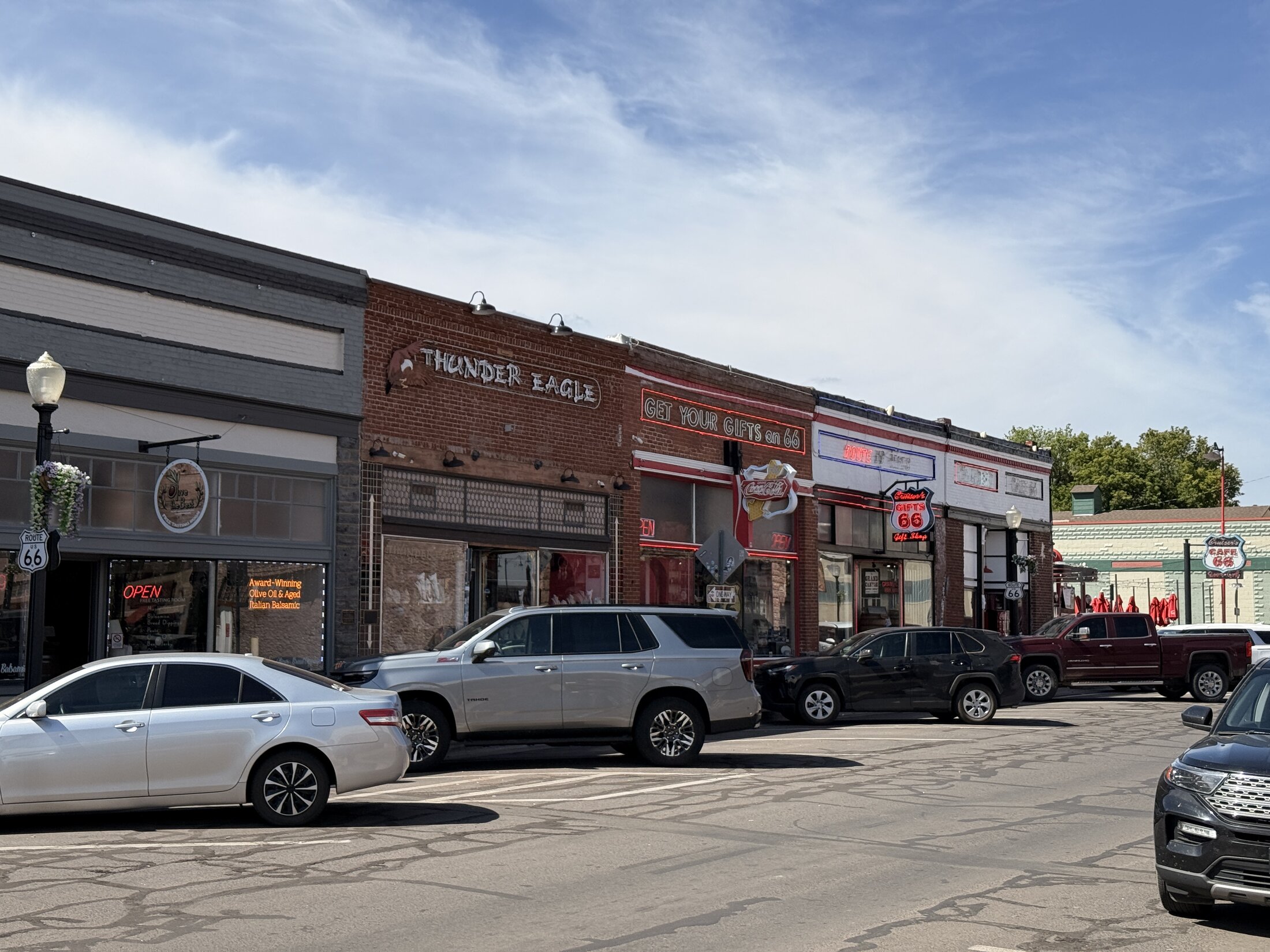 Historic storefronts lining Route 66 through downtown Williams.