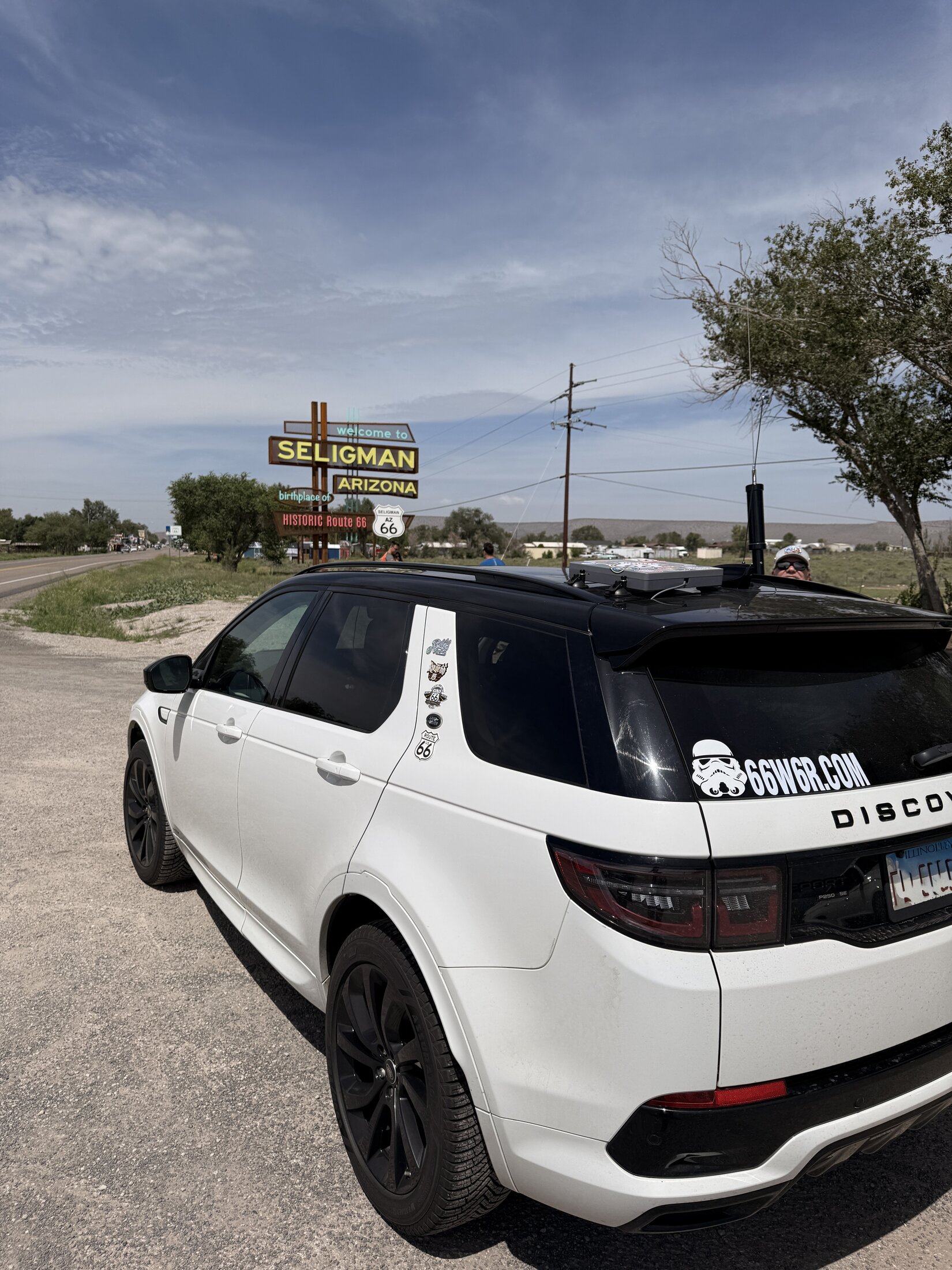 The expedition vehicle at Seligman’s Birthplace of Historic Route 66 sign.