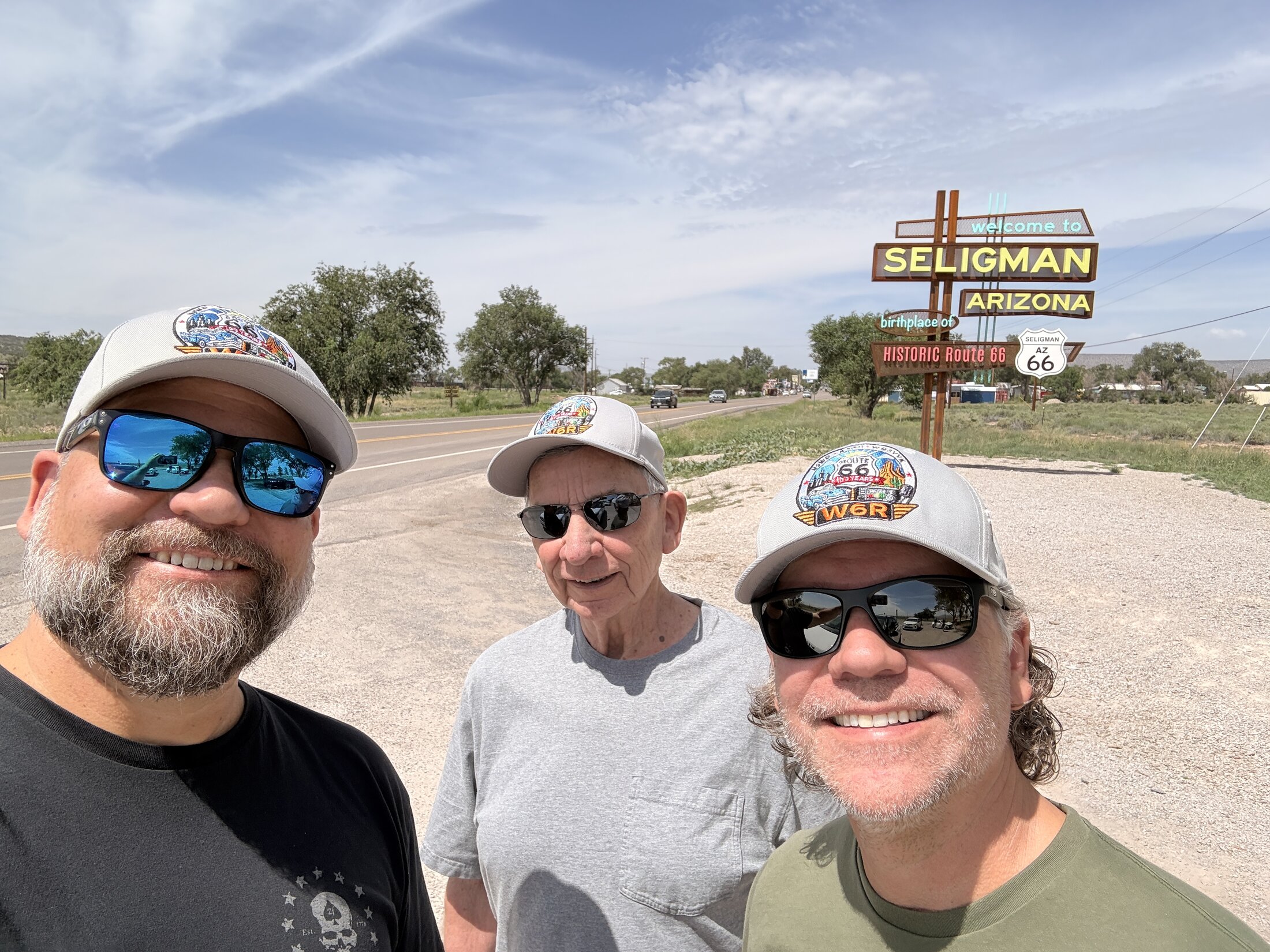 A crew selfie at the Seligman Route 66 sign.