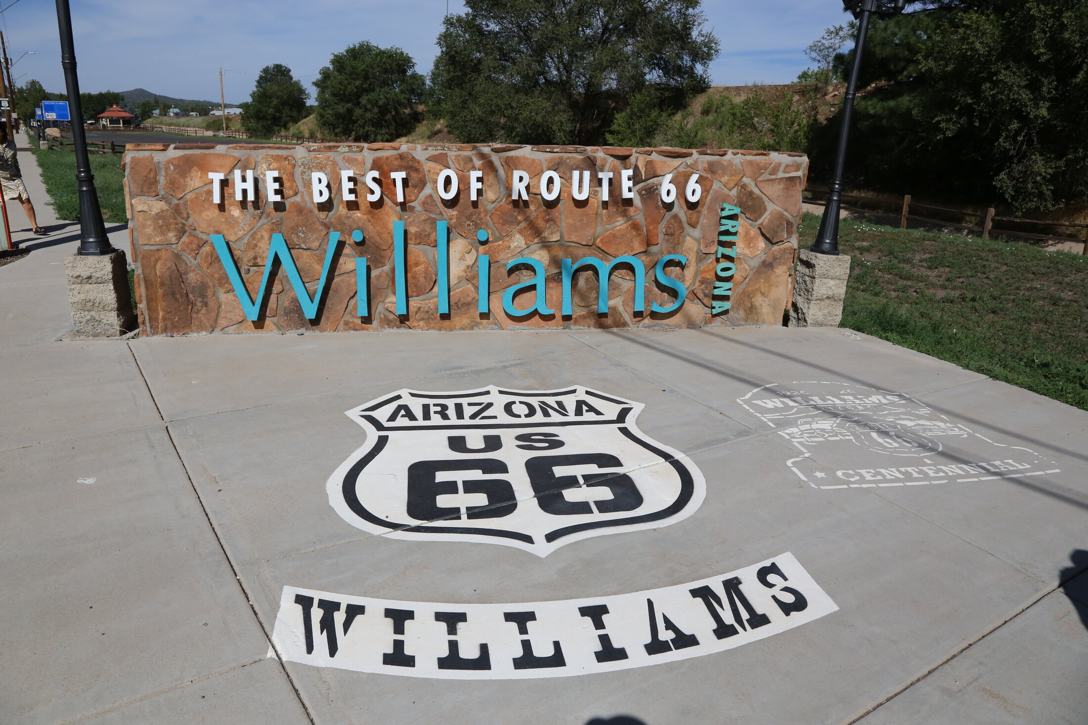 Route 66 artwork welcomes travelers to historic downtown Williams.