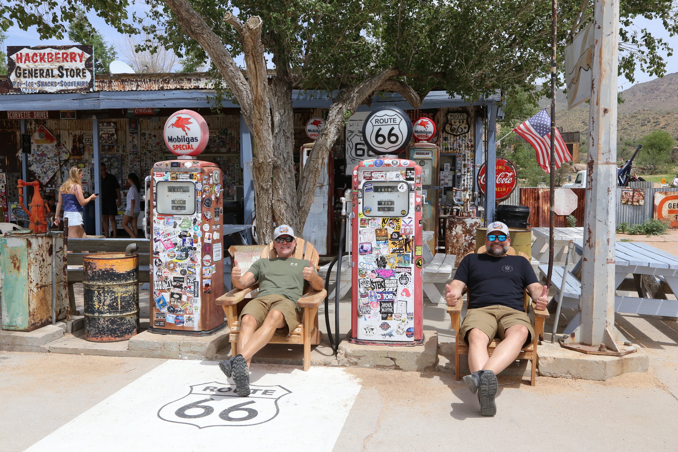Todd and Mike take a break outside the Hackberry General Store.