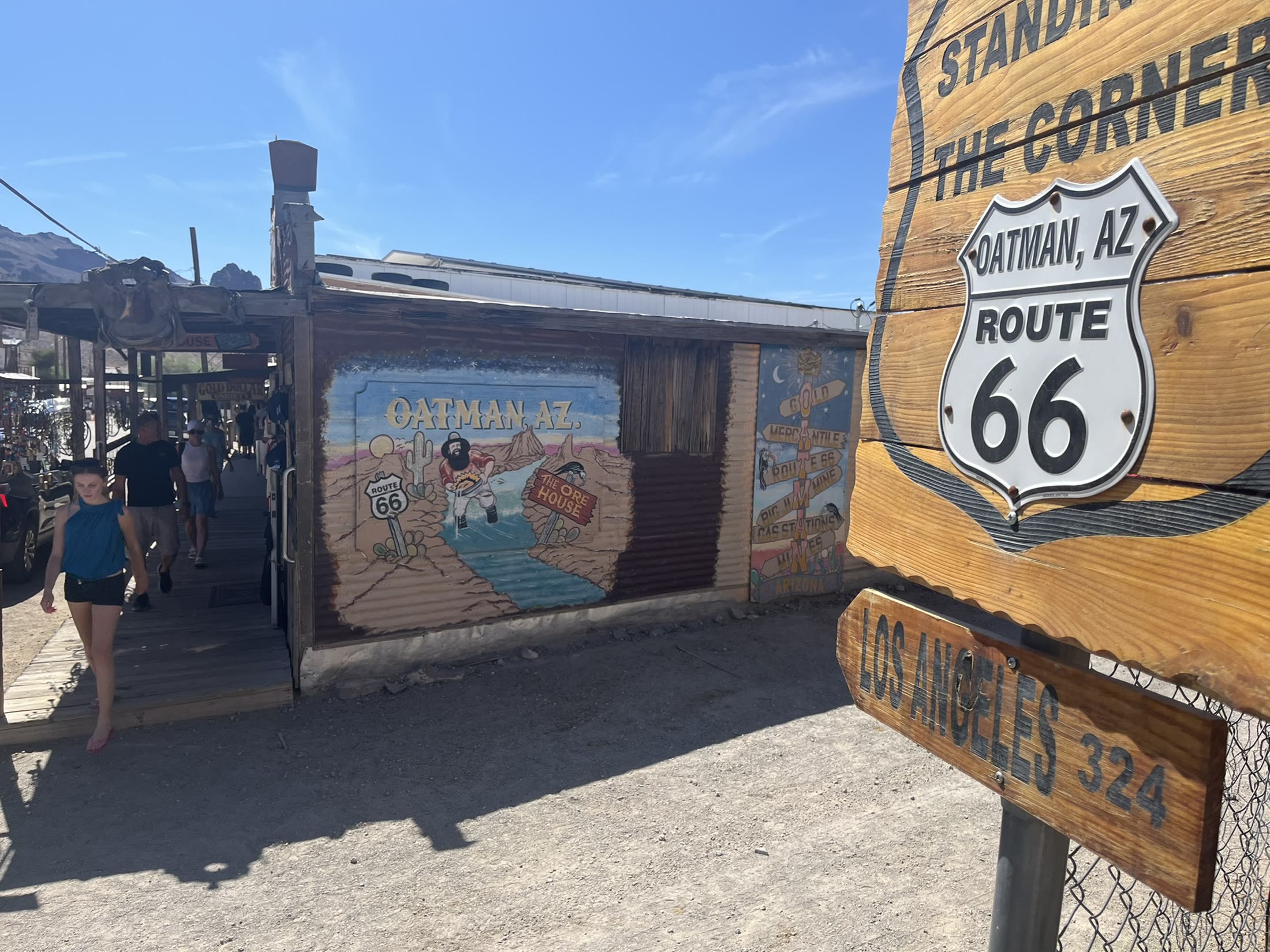 A playful Oatman take on the familiar Route 66 corner sign.
