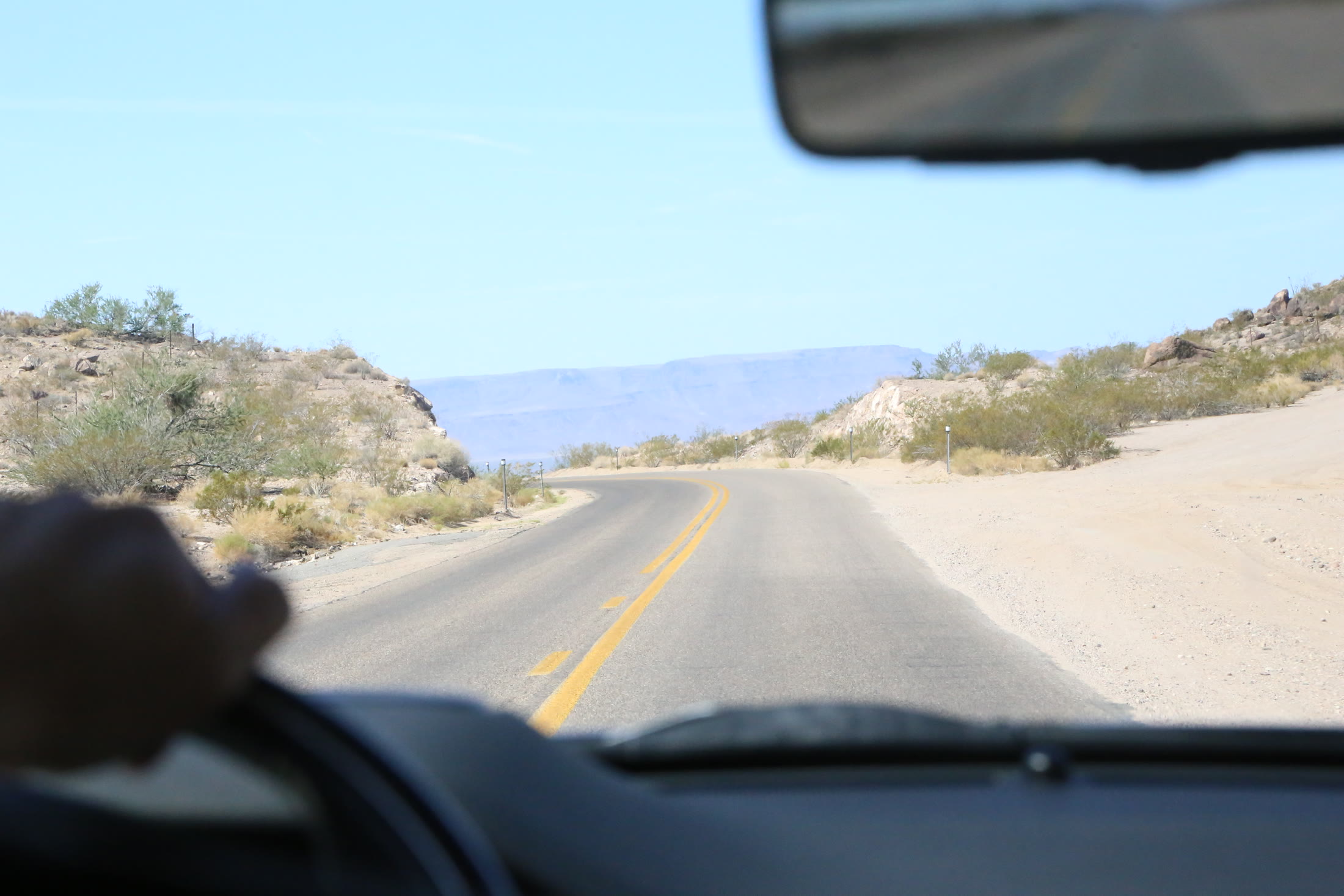 The winding road west toward Cool Springs and the Black Mountains.