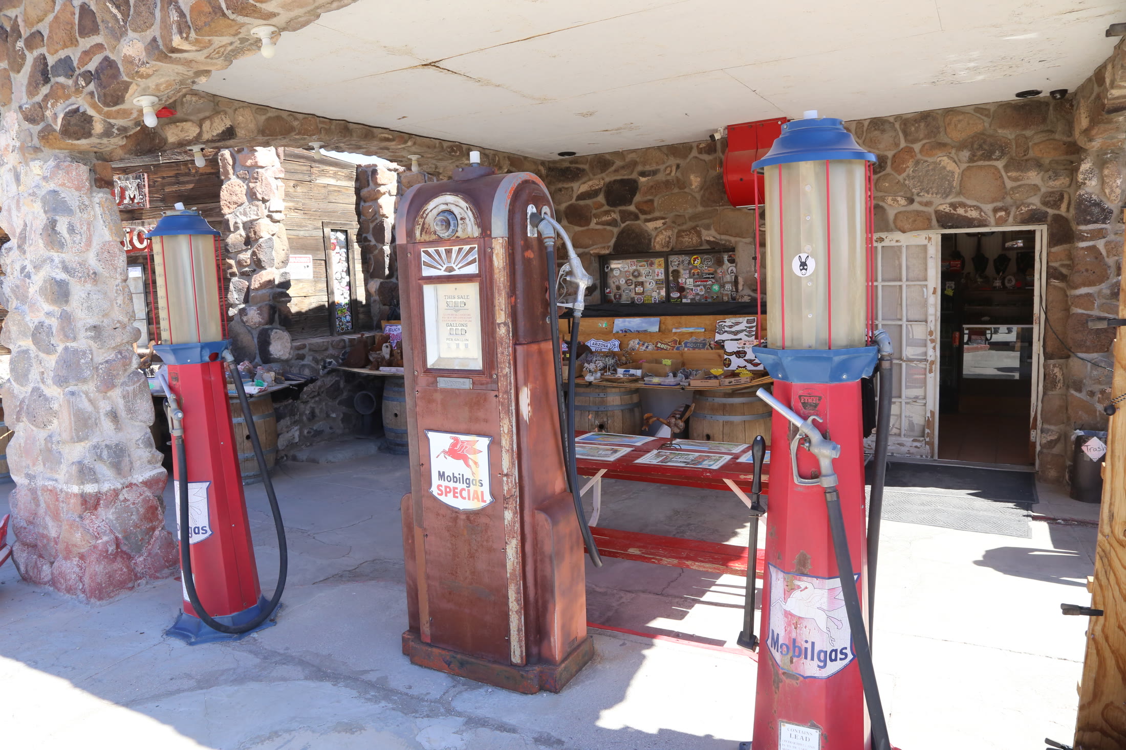 Vintage gas pumps recall Cool Springs’ days as a roadside service station.