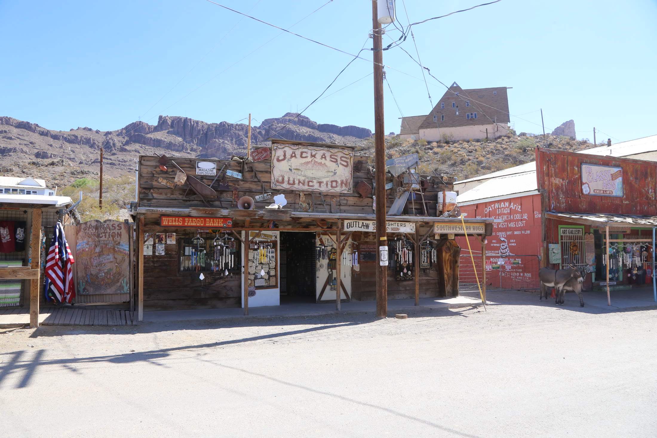 Old West storefronts lining the main street through Oatman.