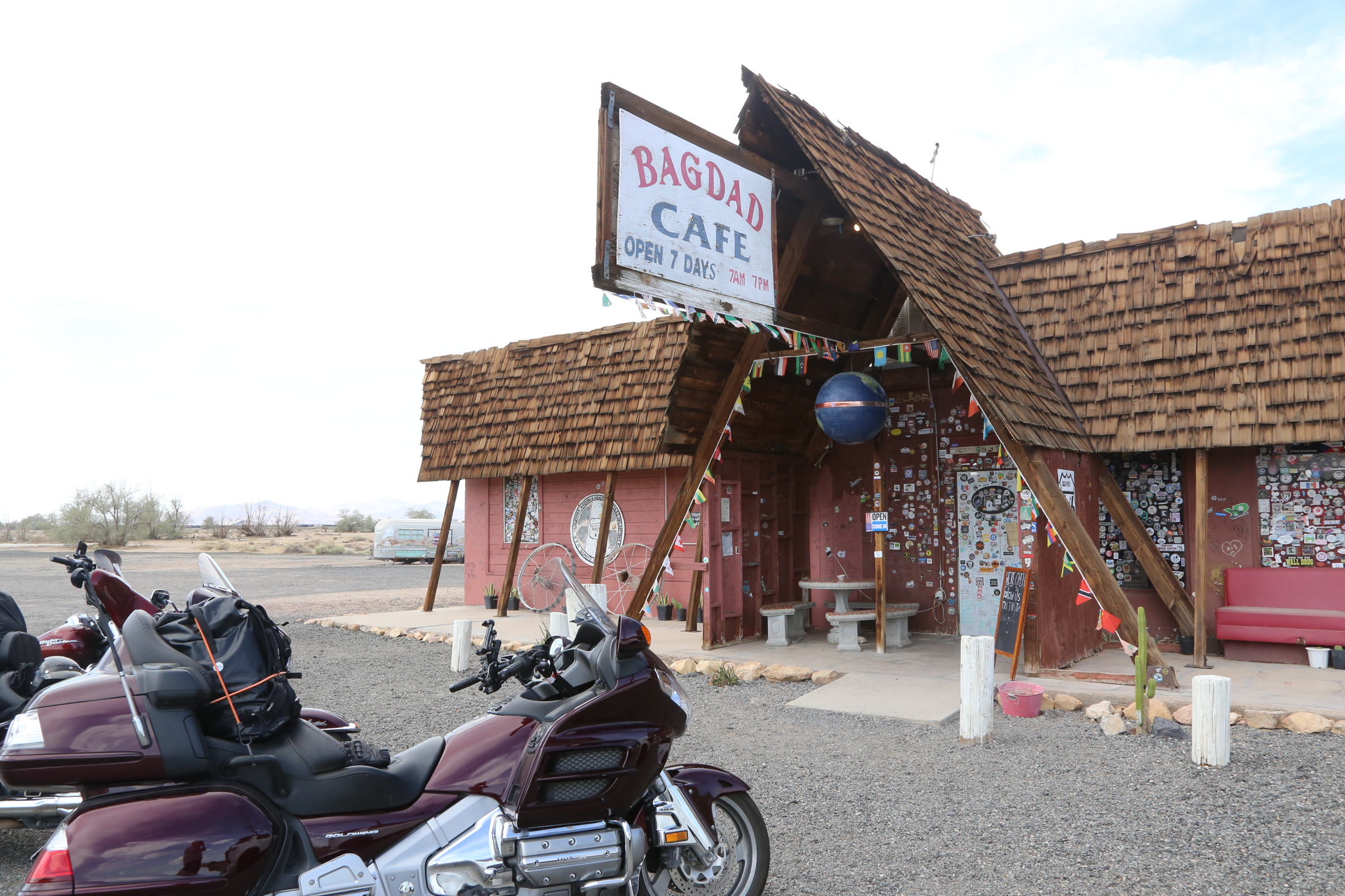 The weathered exterior of the Bagdad Café in Newberry Springs.