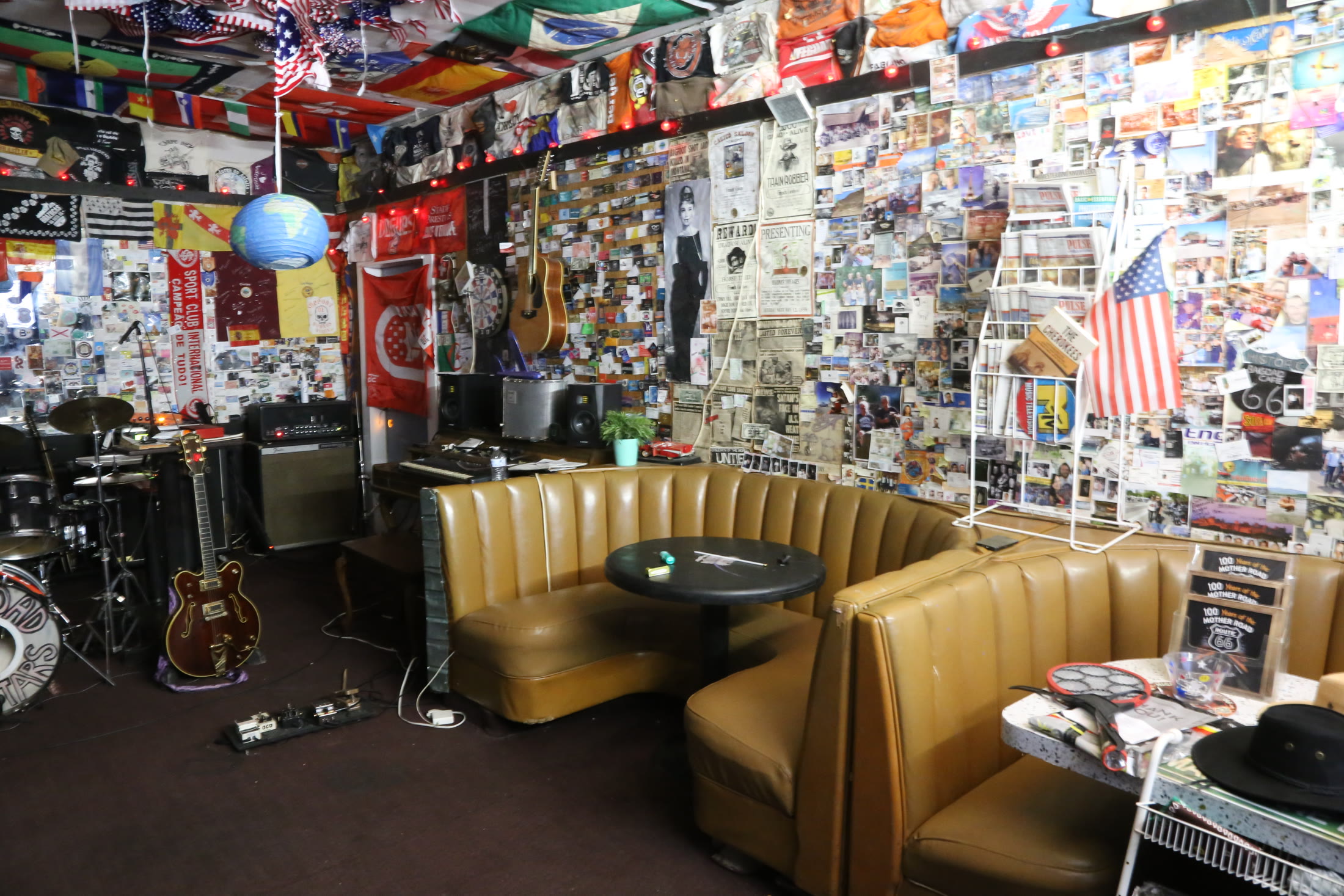A memorabilia-covered booth inside the Bagdad Café.