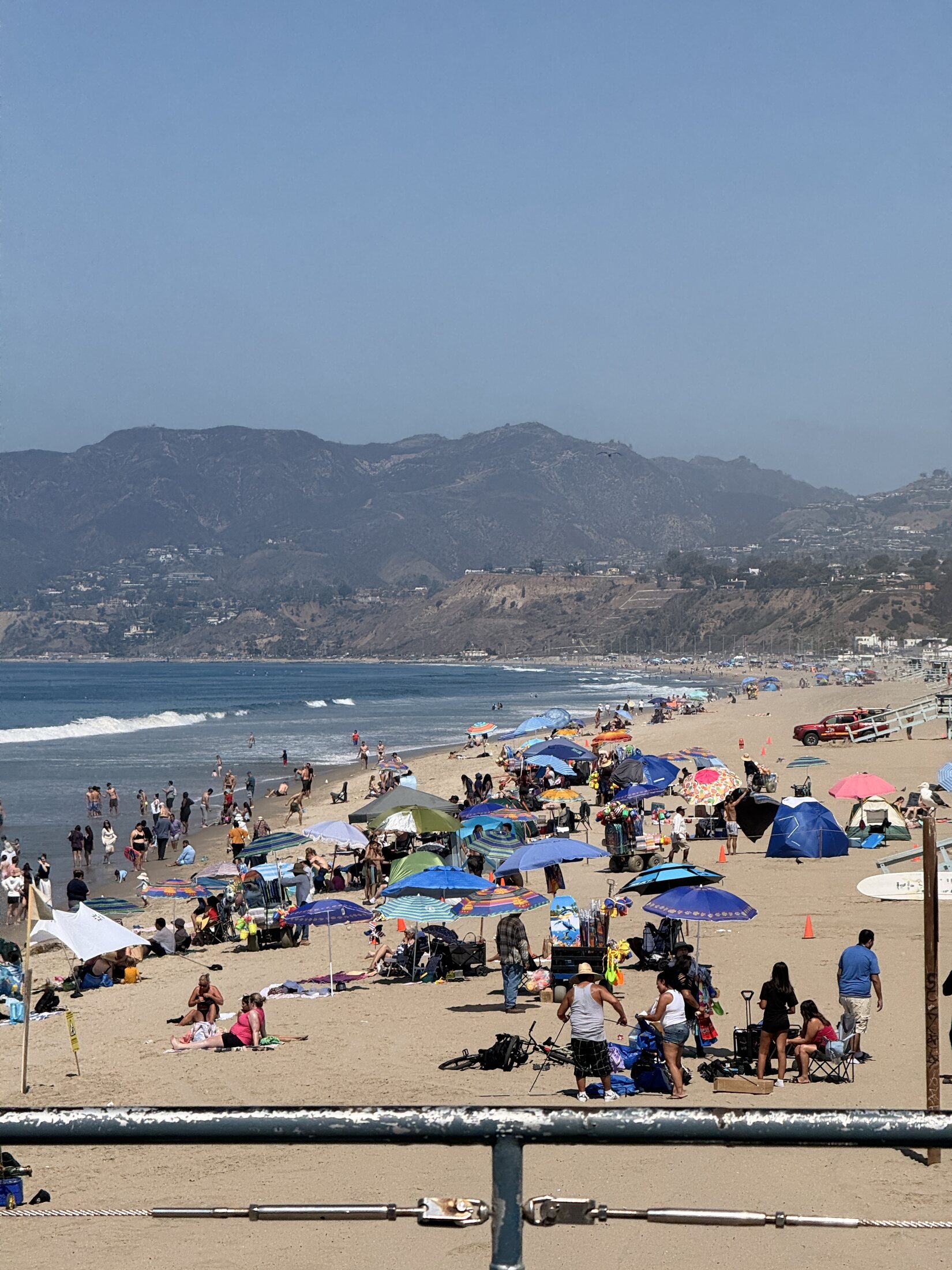 Santa Monica Beach and the Pacific Ocean on a sunny August afternoon.