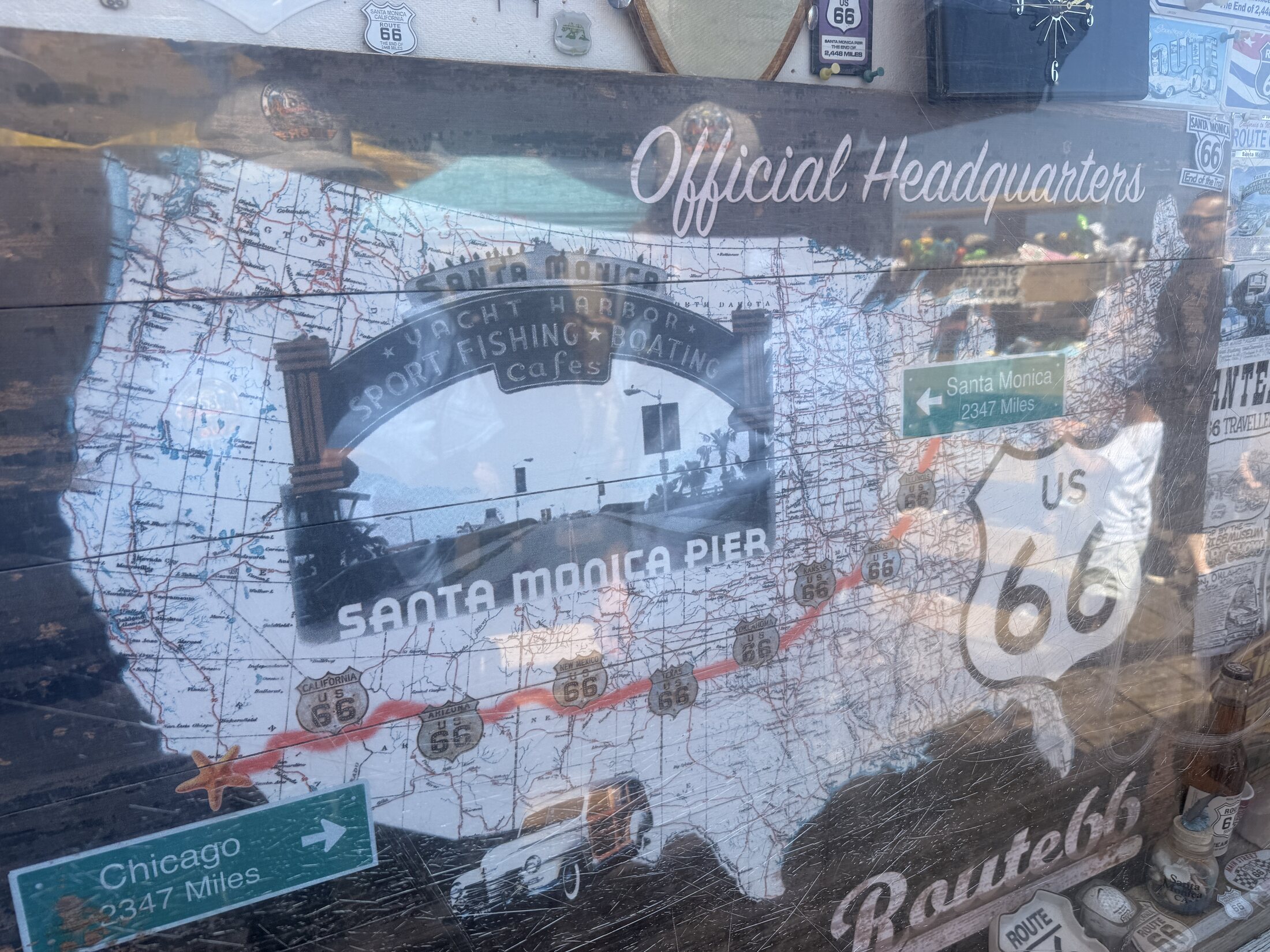 A Route 66 display marking the 2,448 miles from Chicago to Santa Monica.