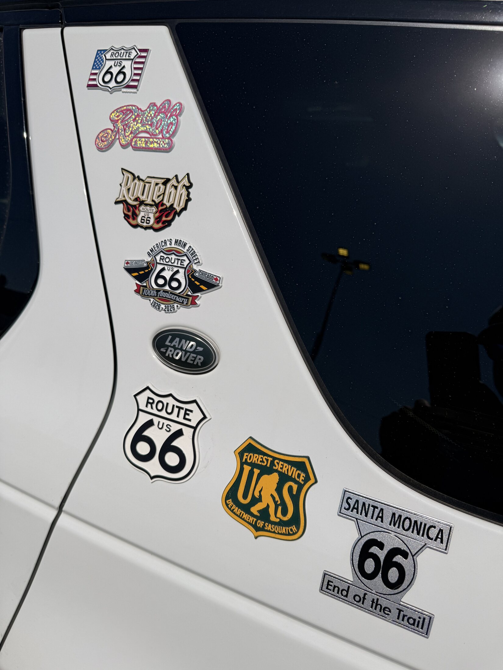 The expedition vehicle’s final collection of Route 66 badges.