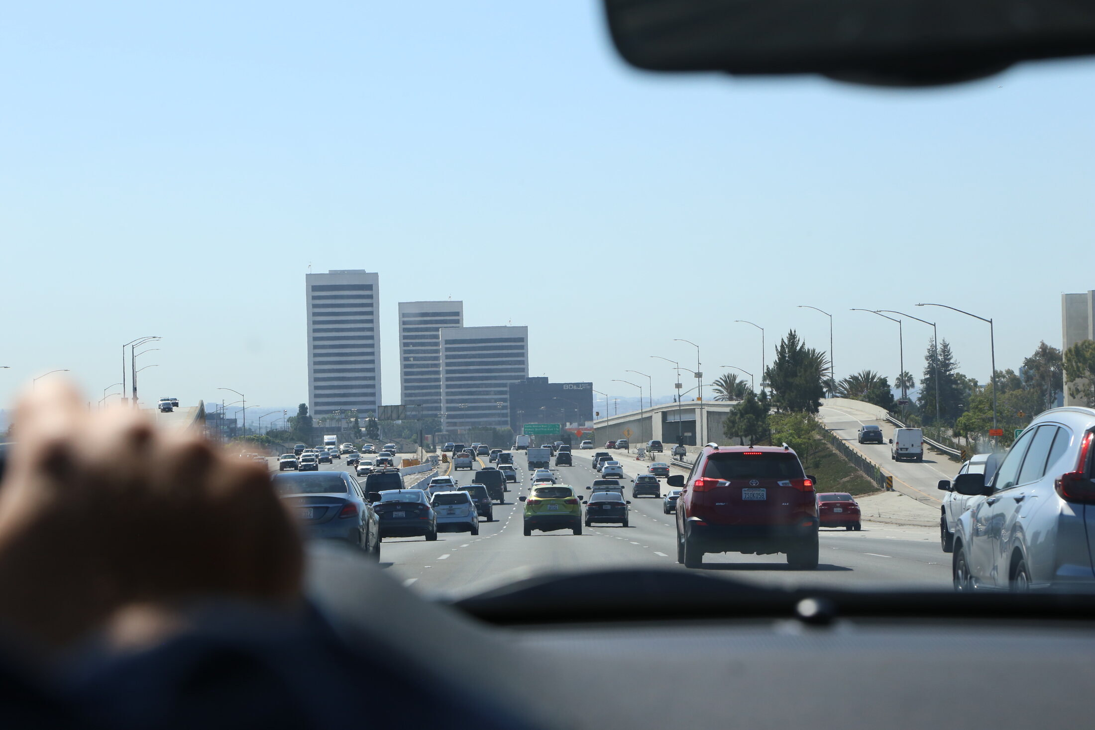 Southern California traffic on the final drive toward Santa Monica.