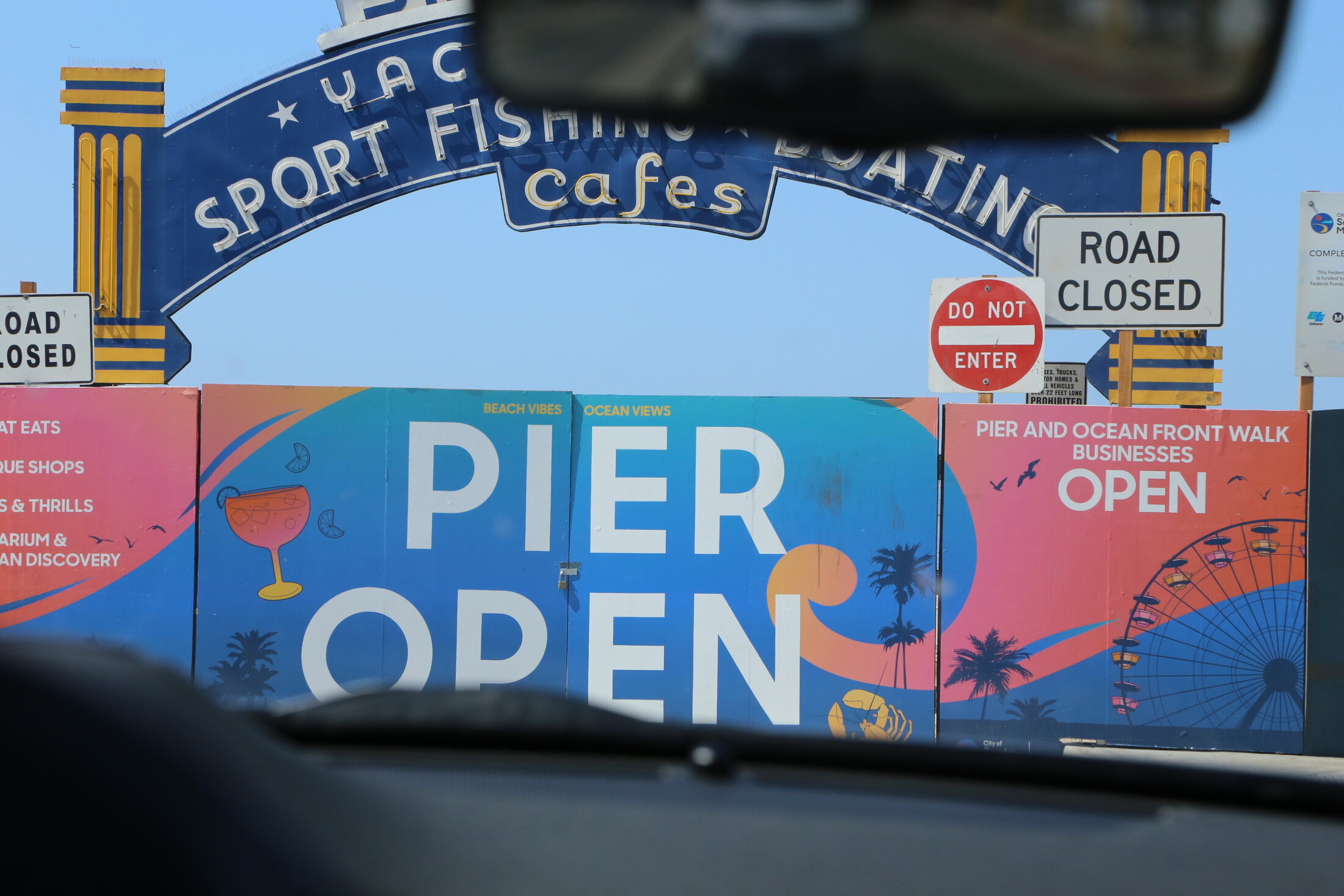 The colorful gateway to the Santa Monica Pier comes into view.