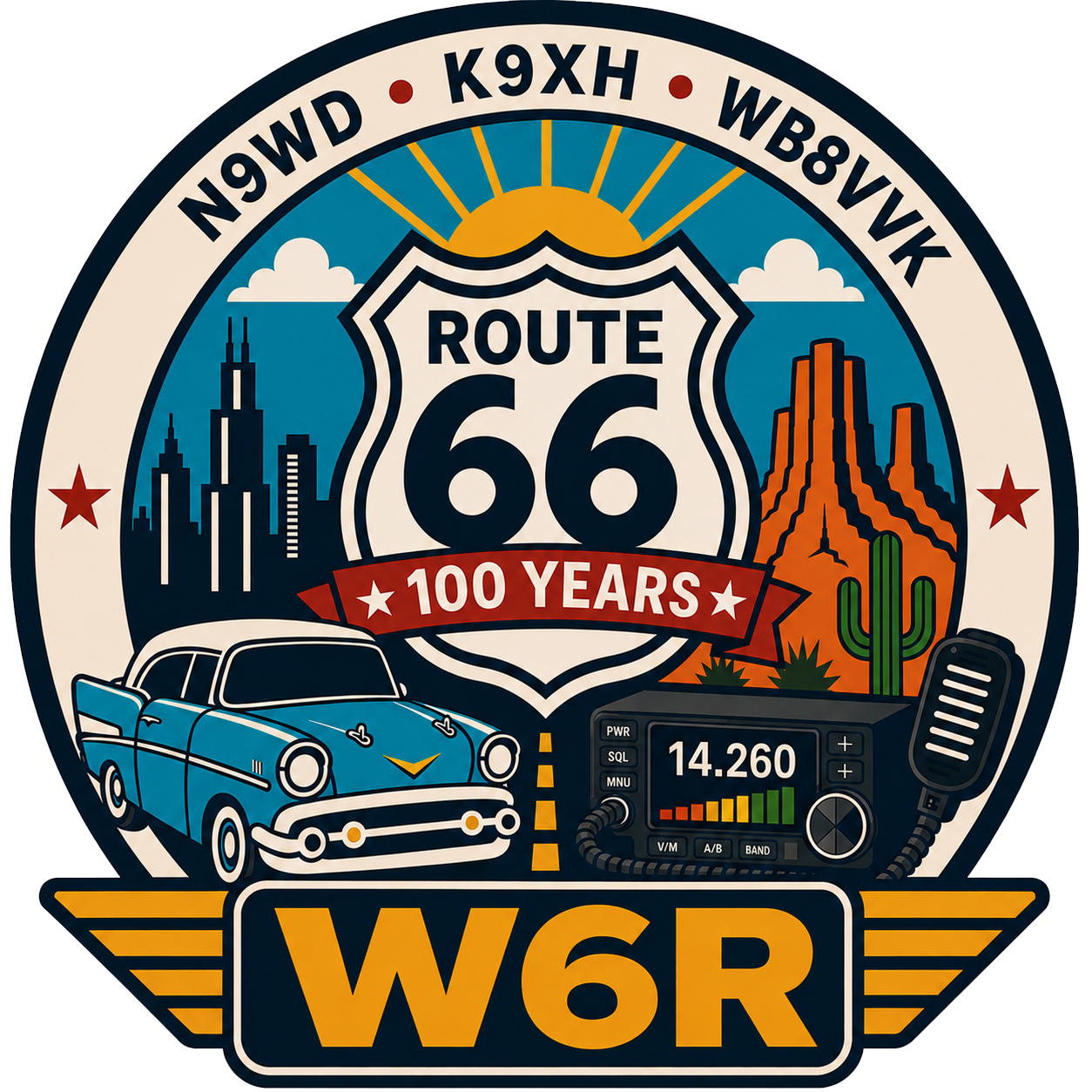 W6R Route 66 Centennial expedition badge featuring the callsigns N9WD, K9XH, and WB8VVK
